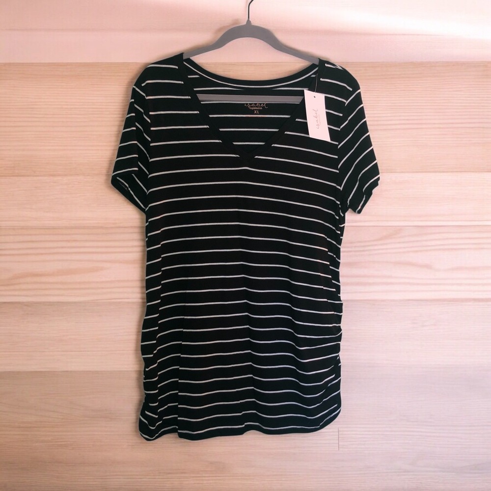Isabel Maternity Top XL Black White‎ Striped Side Ruched V Neck Tee